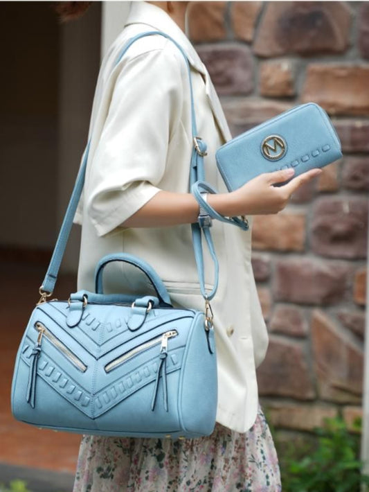 (denim blue)Lara Vegan Leather Satchel with Wallet by Mia k - BagNook