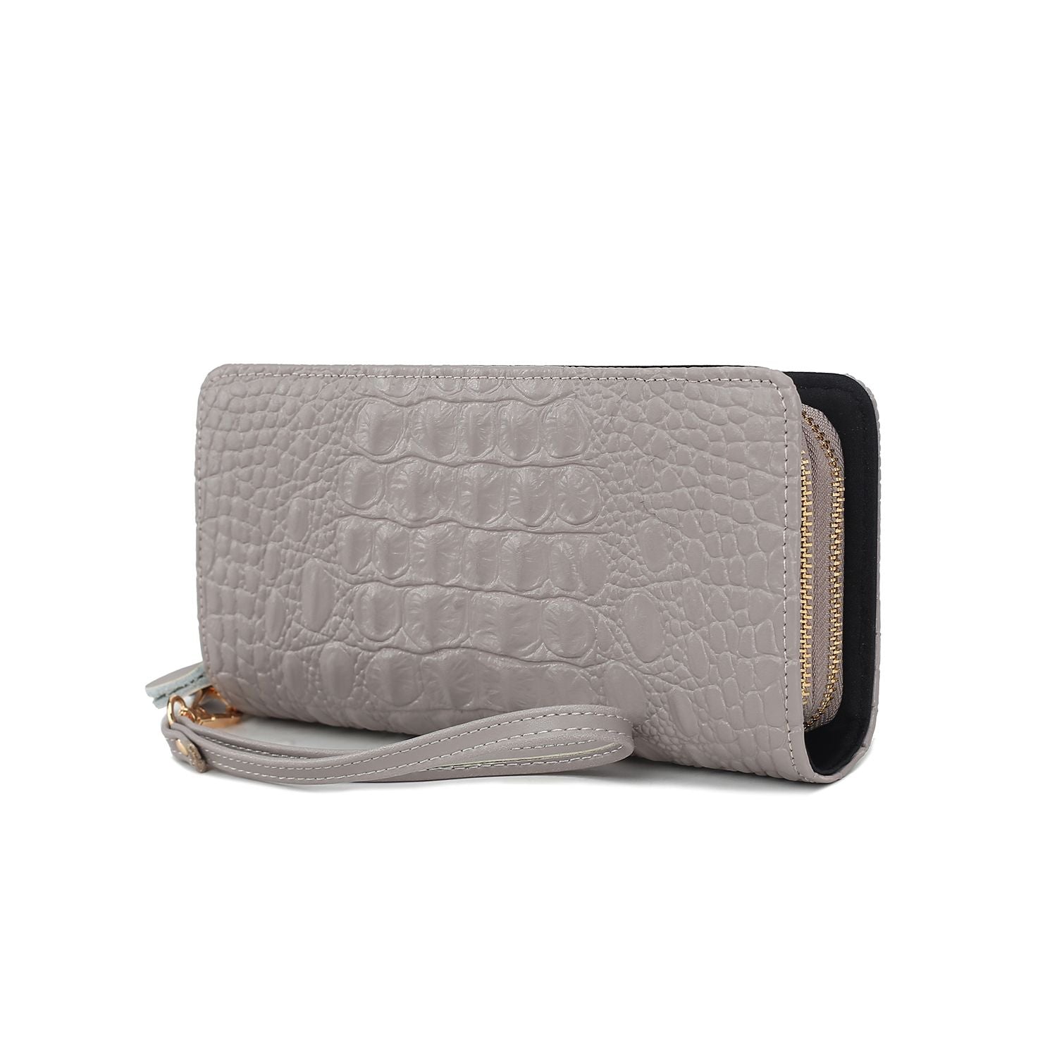 (grey)Eve Vegan Leather Crocodile Embossed Wristlet by Mia K - BagNook