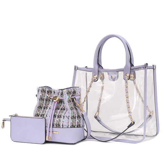 (lilac)Diva PVC Tote Bag with Tweed Bucket Bag by Mia K. - BagNook