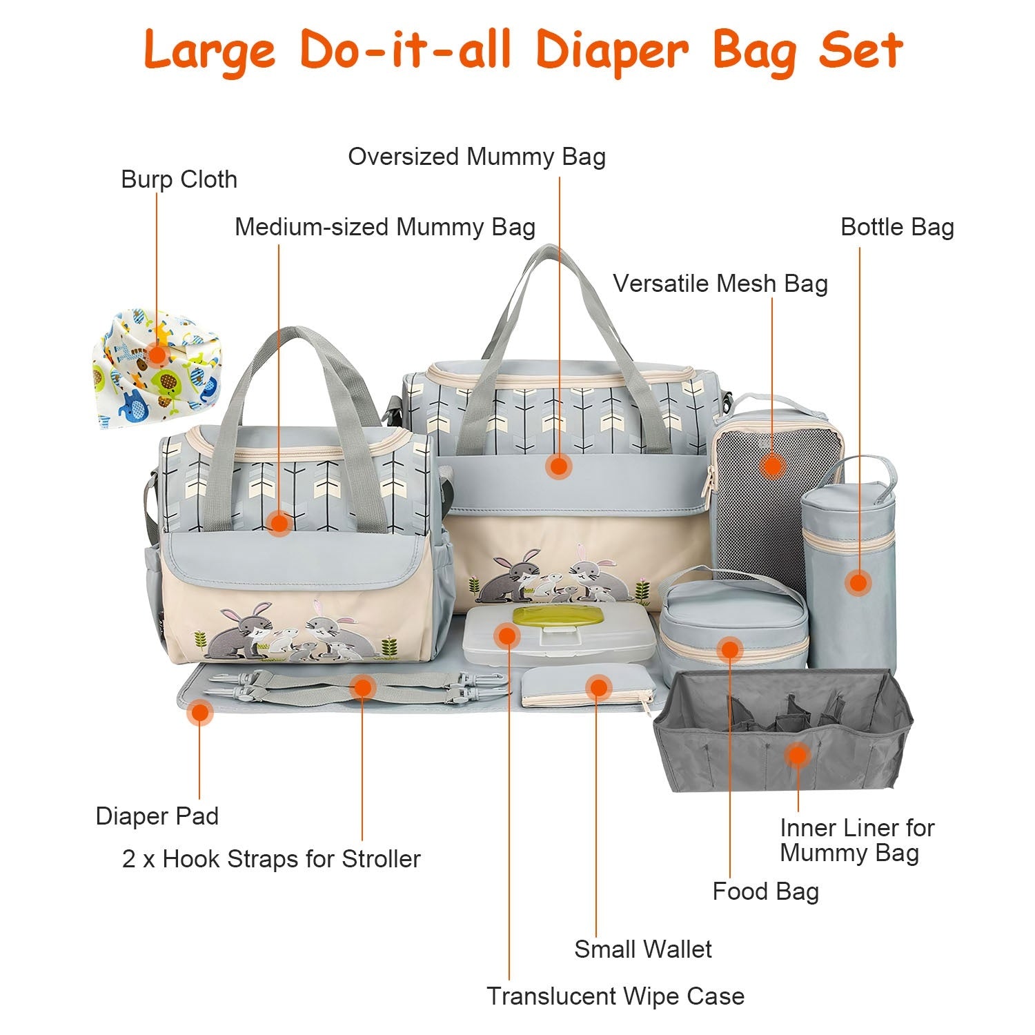 (grey)11Pcs Baby Diaper Bags Set - BagNook