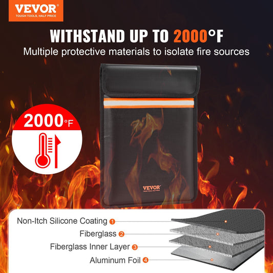VEVOR Fireproof Document Bag, 15"x11" 2000°F, Double Pockets - BagNook