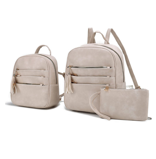 (beige)Roxane 3pc Backpack & Mini Backpack w/Wristlet by Mia k - BagNook