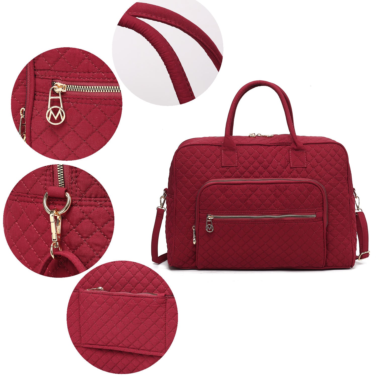 (wine)Jayla Solid Quilted Cotton Duffel Bag by Mia K - BagNook