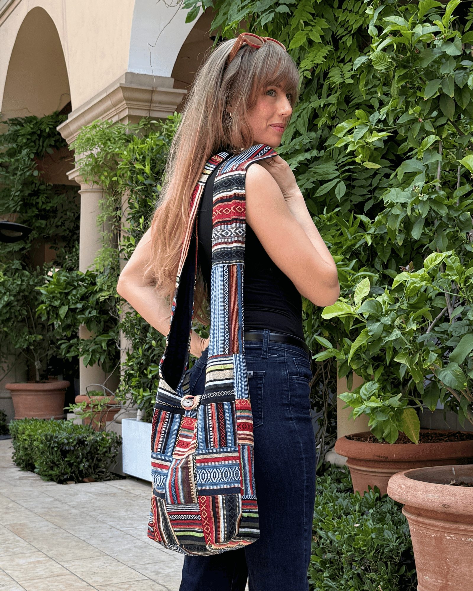 Kathmandu Collection | Patchwork Striped Crossbody/Hobo Bag - BagNook