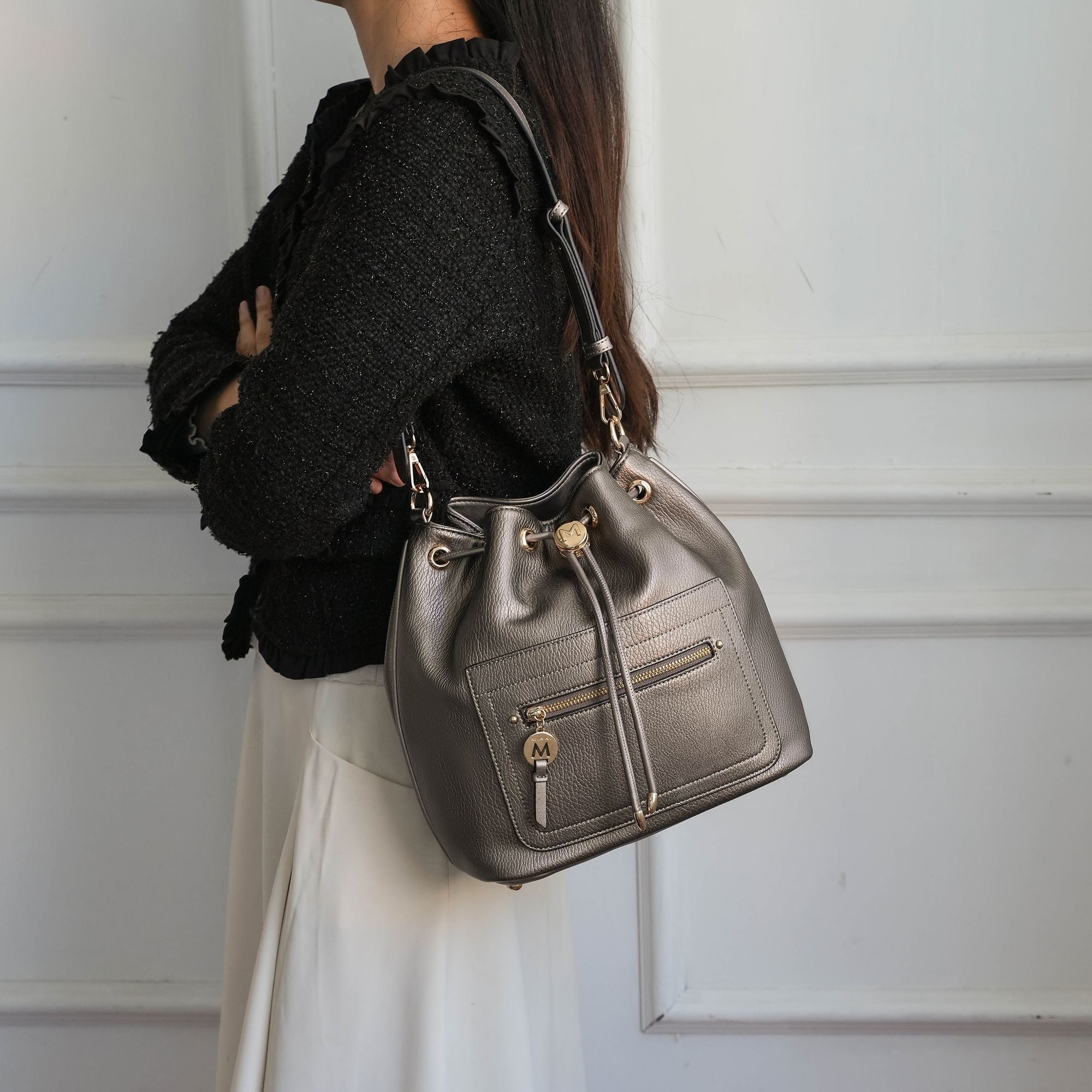(pewter)Larissa Women's Bucket Bag with Wallet by Mia k - BagNook