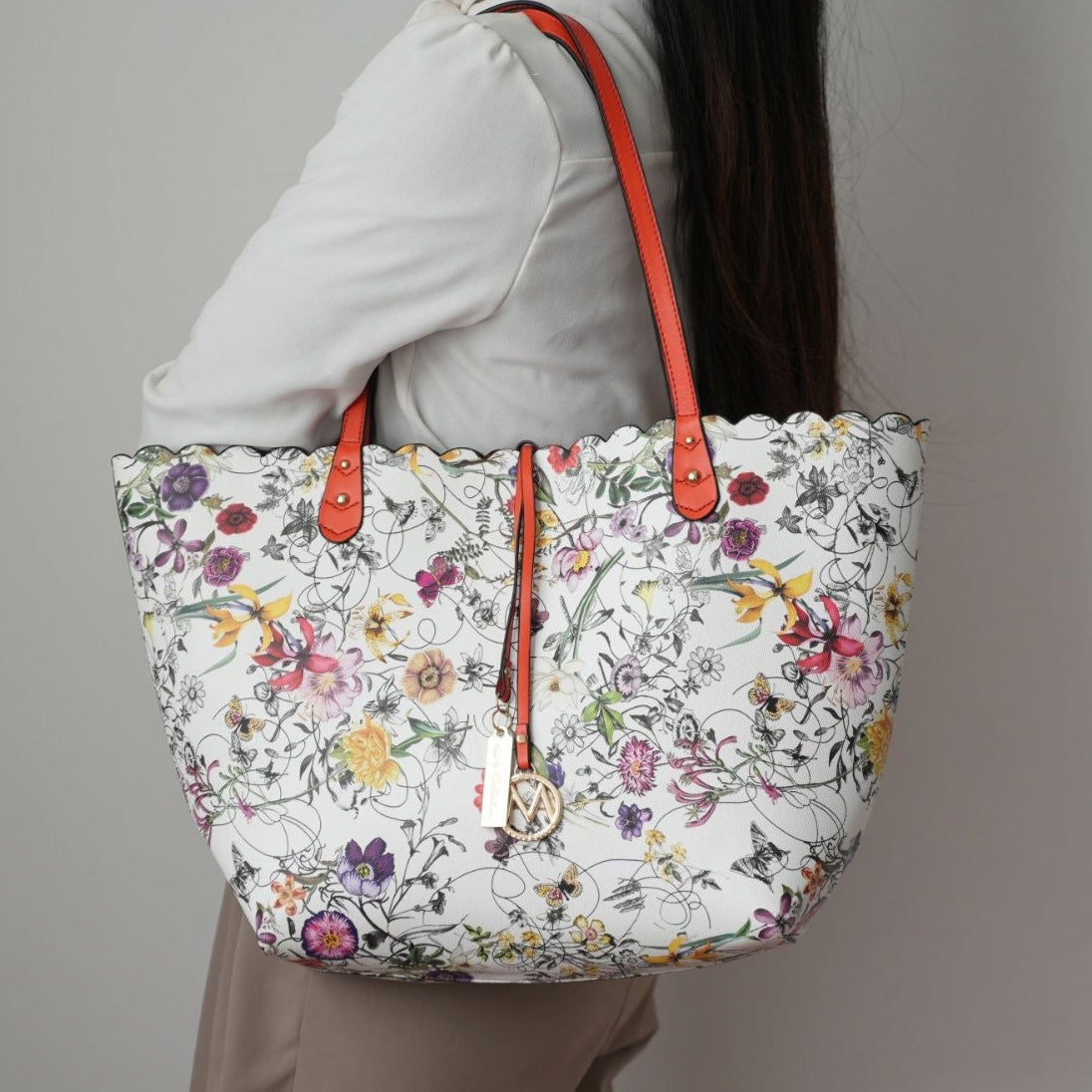 (white coral) reversible shopping tote with crossbody pouch- bagNook