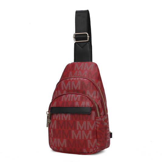 (burgundy)Helaena M Logo Printed Vegan Leather Sling Bag by Mia K - BagNook