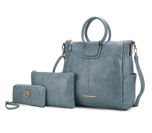 (denim)Zori Tote Handbag w/Pouch & Wallet by Mia k - BagNook