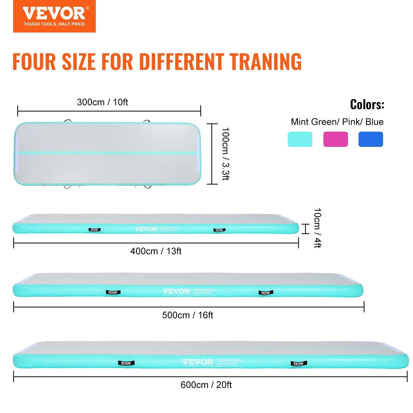 VEVOR Gymnastics Inflatable Air Mat, 4" Thick, 10ft Mint Green - BagNook