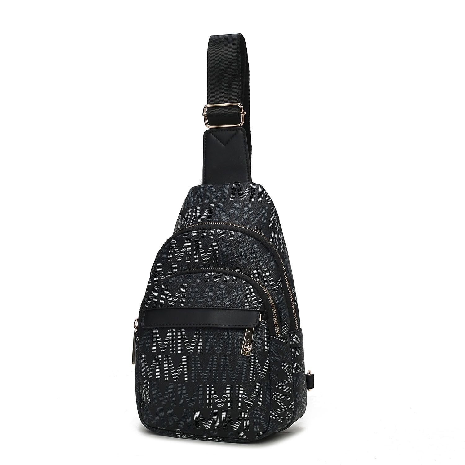 (black)Helaena M Logo Printed Vegan Leather Sling Bag by Mia K - BagNook