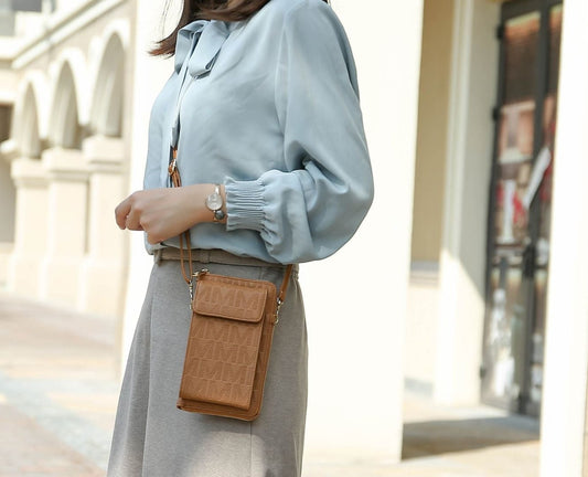 (tan)Caddy Vegan Leather Phone Wallet Crossbody by Mia k - BagNook