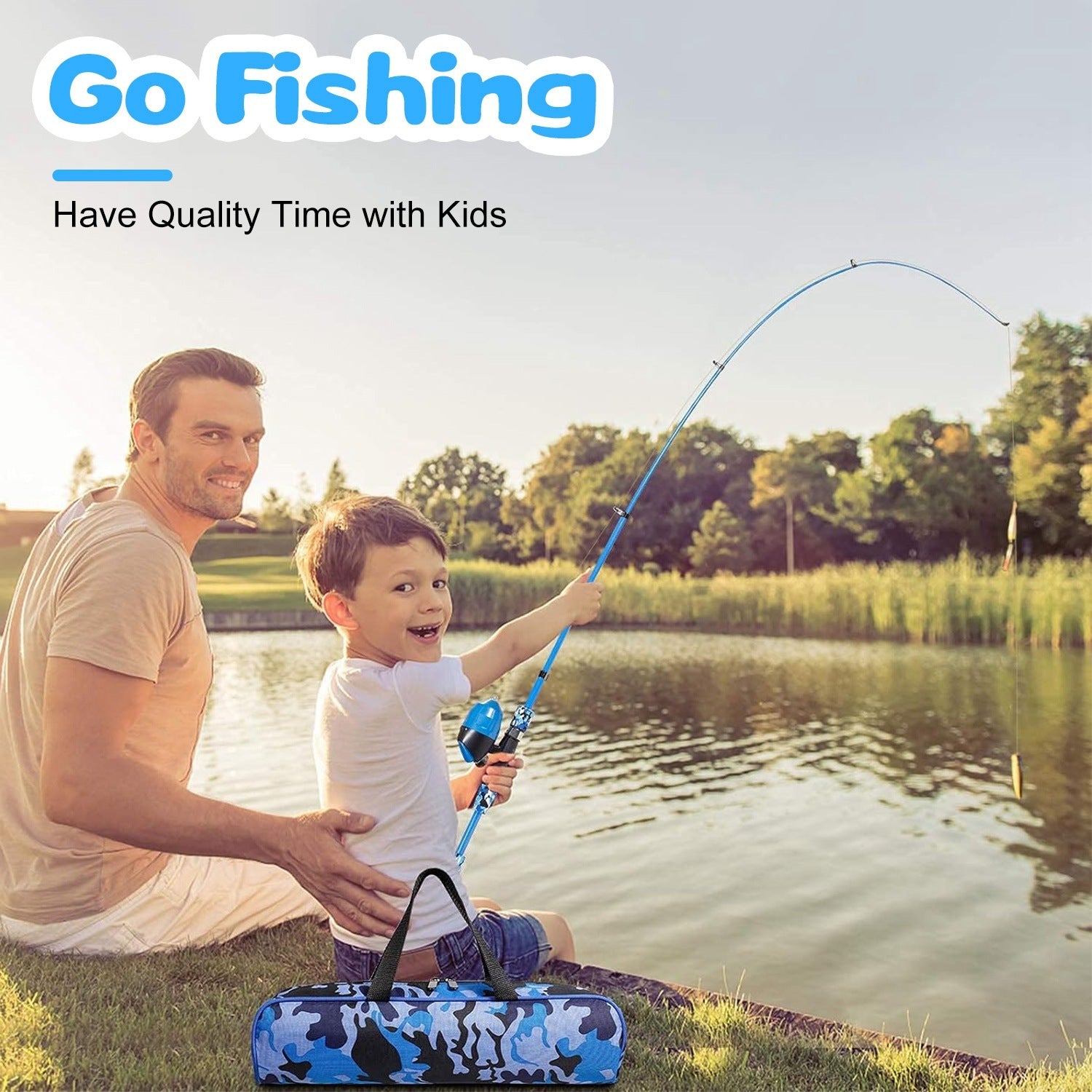 (blue)Kids Starter Kit Fishing Pole Set - BagNook