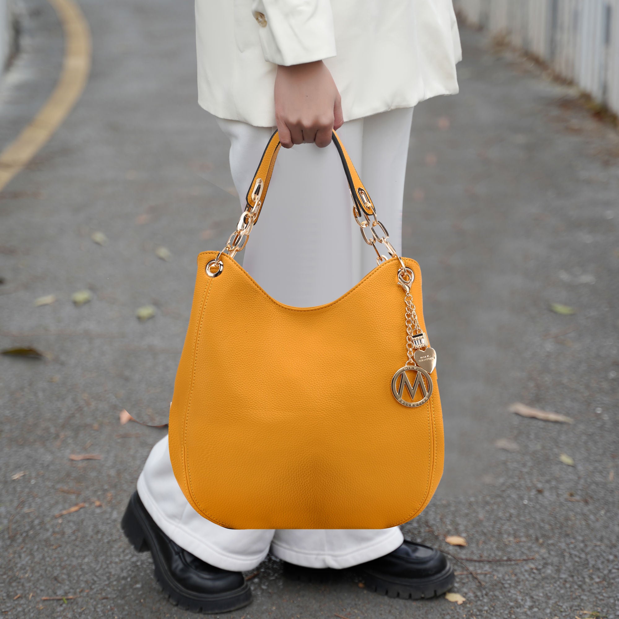 (mustard yellow)Ashley Vegan Leather Hobo Bag with Wallet - 2 pieces by Mia k - BagNook