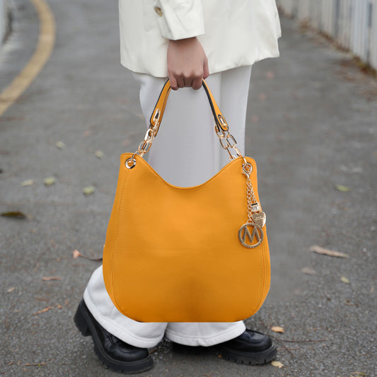 (mustard yellow)Ashley Vegan Leather Hobo Bag with Wallet - 2 pieces by Mia k - BagNook