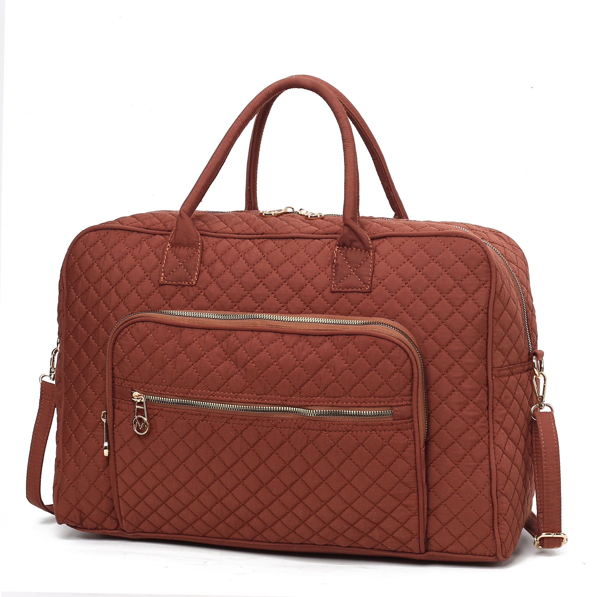 (brown)Jayla Solid Quilted Cotton Duffel Bag by Mia K - BagNook