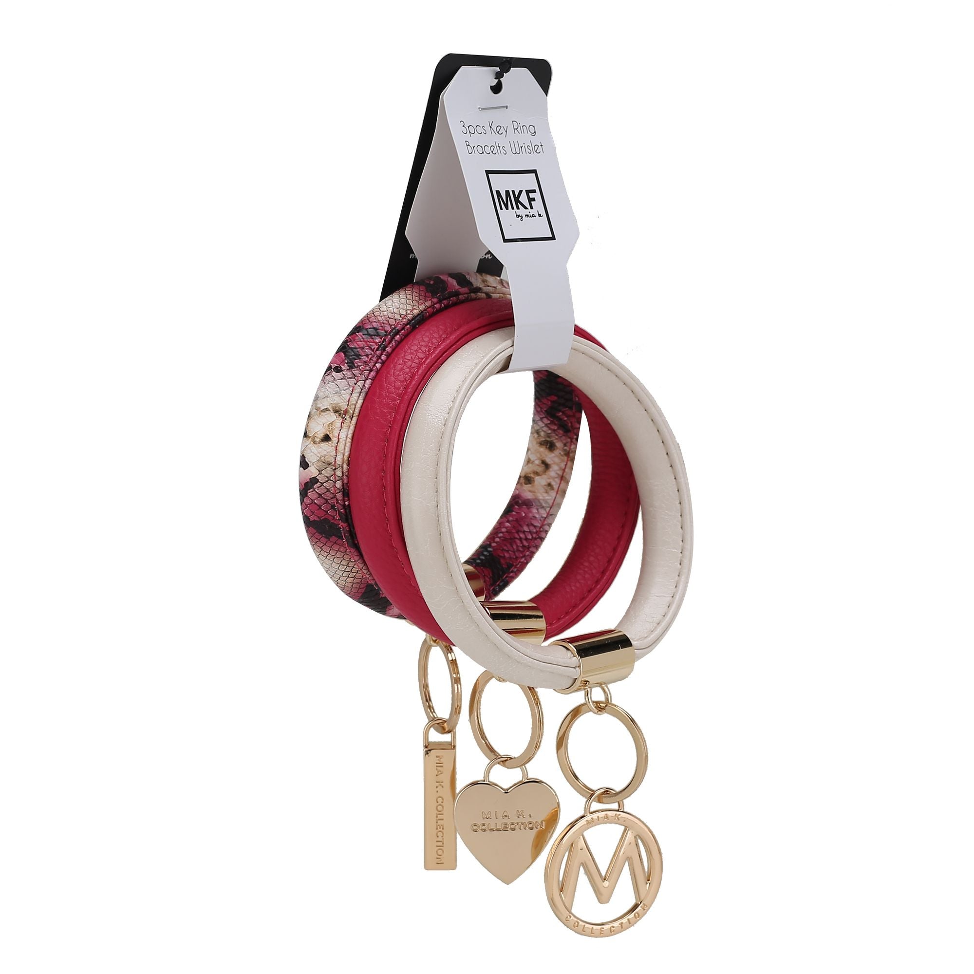 (fuchsia-ivory-beige)Jasmine Bangle Wristlet Keychain set by Mia K - BagNook