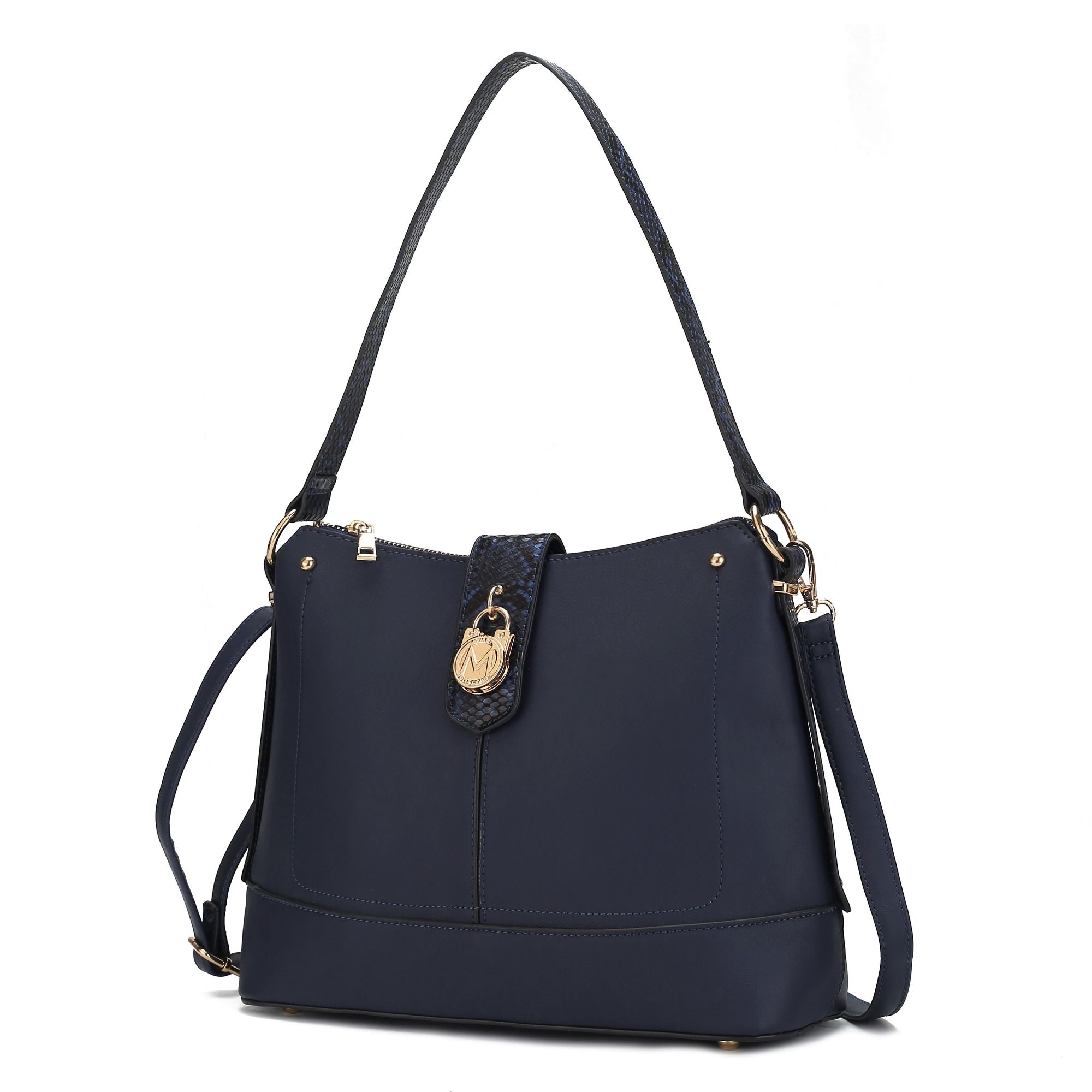 (navy)Ezra Snake Embossed Shoulder Handbag by Mia K - BagNook