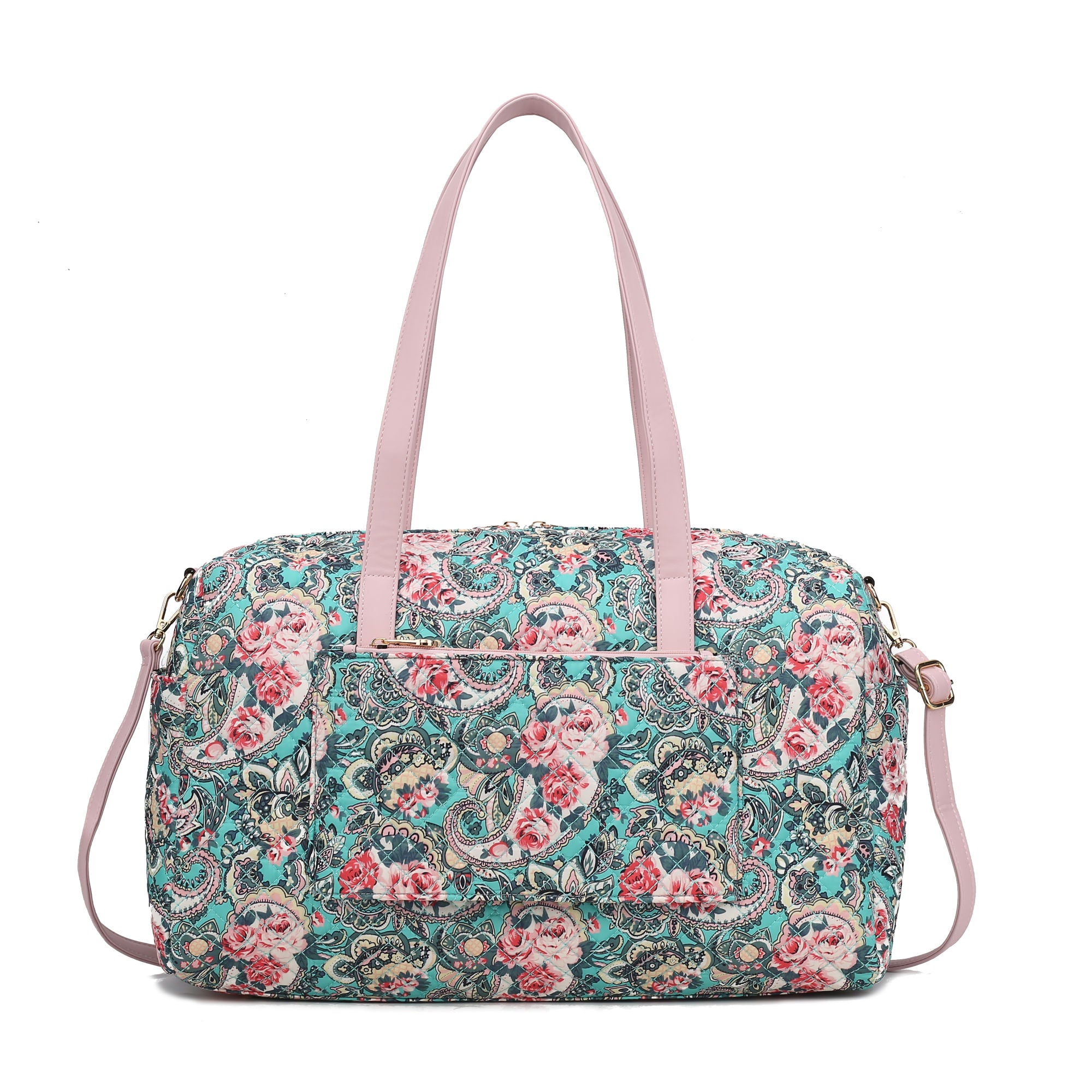 (green)Khelani Quilted Botanical Pattern Duffel Bag by Mia k - BagNook