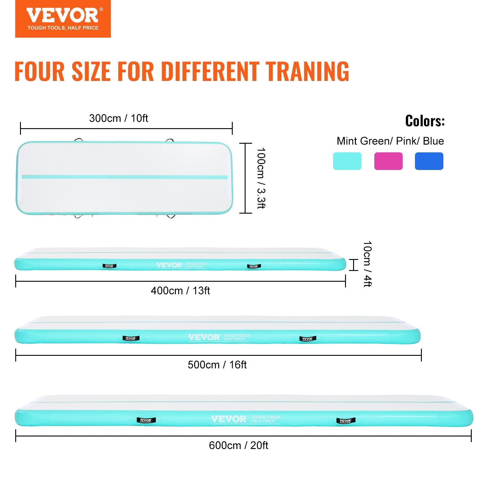 VEVOR Gymnastics Inflatable Air Mat, 4" Thick, 20ft Mint Green - BagNook