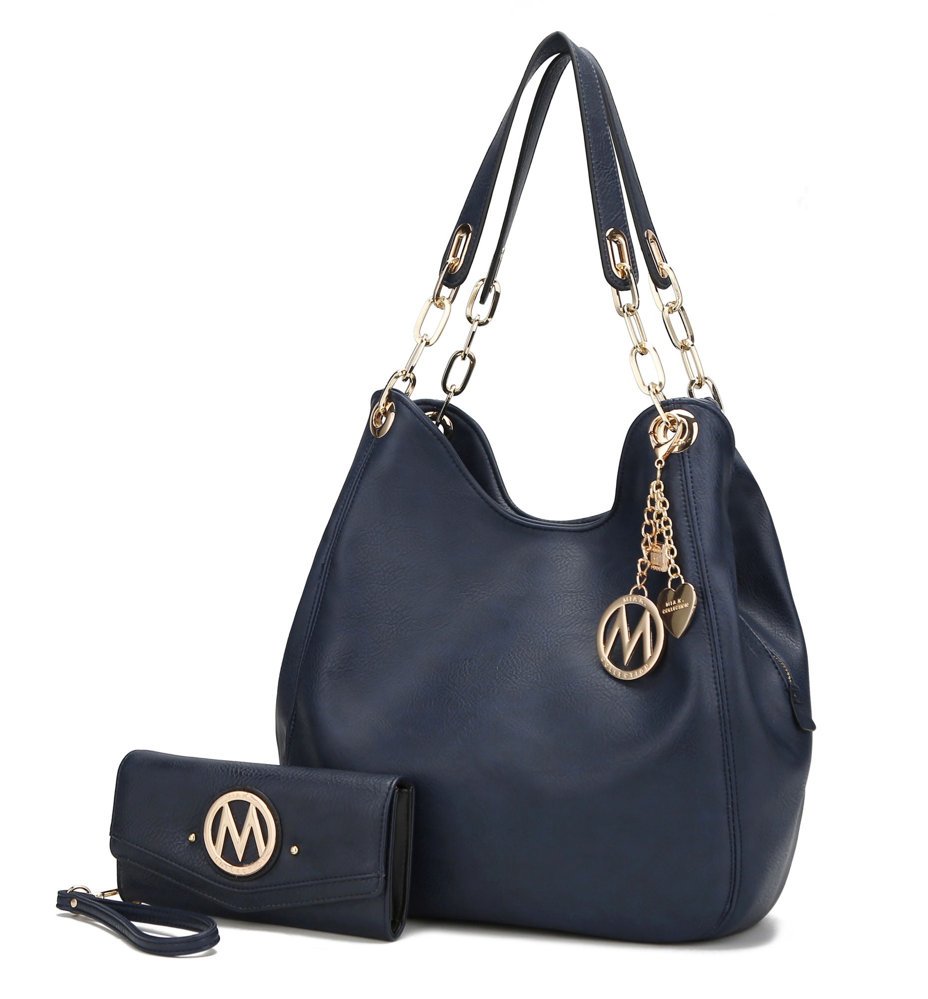 (navy)Ashley Vegan Leather Hobo Bag with Wallet - 2 pieces by Mia k - BagNook