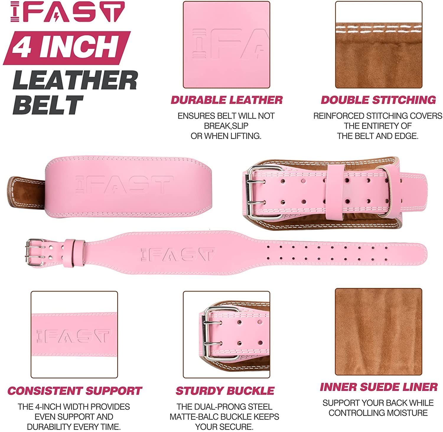 Pink Leather Strength Weightlifting Belt, 4" Wide w/Padded Lumbar Support - BagNook