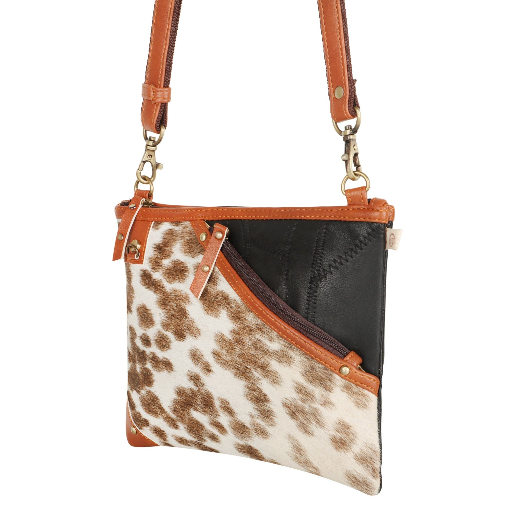 Grayson Wide Crossbody Bag w/ Pocket - White Hairon - Upcycled - BagNook