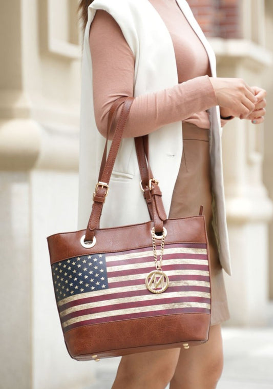 (tan)Vera Vegan Leather Patriotic Flag Women Tote by Mia K - BagNook