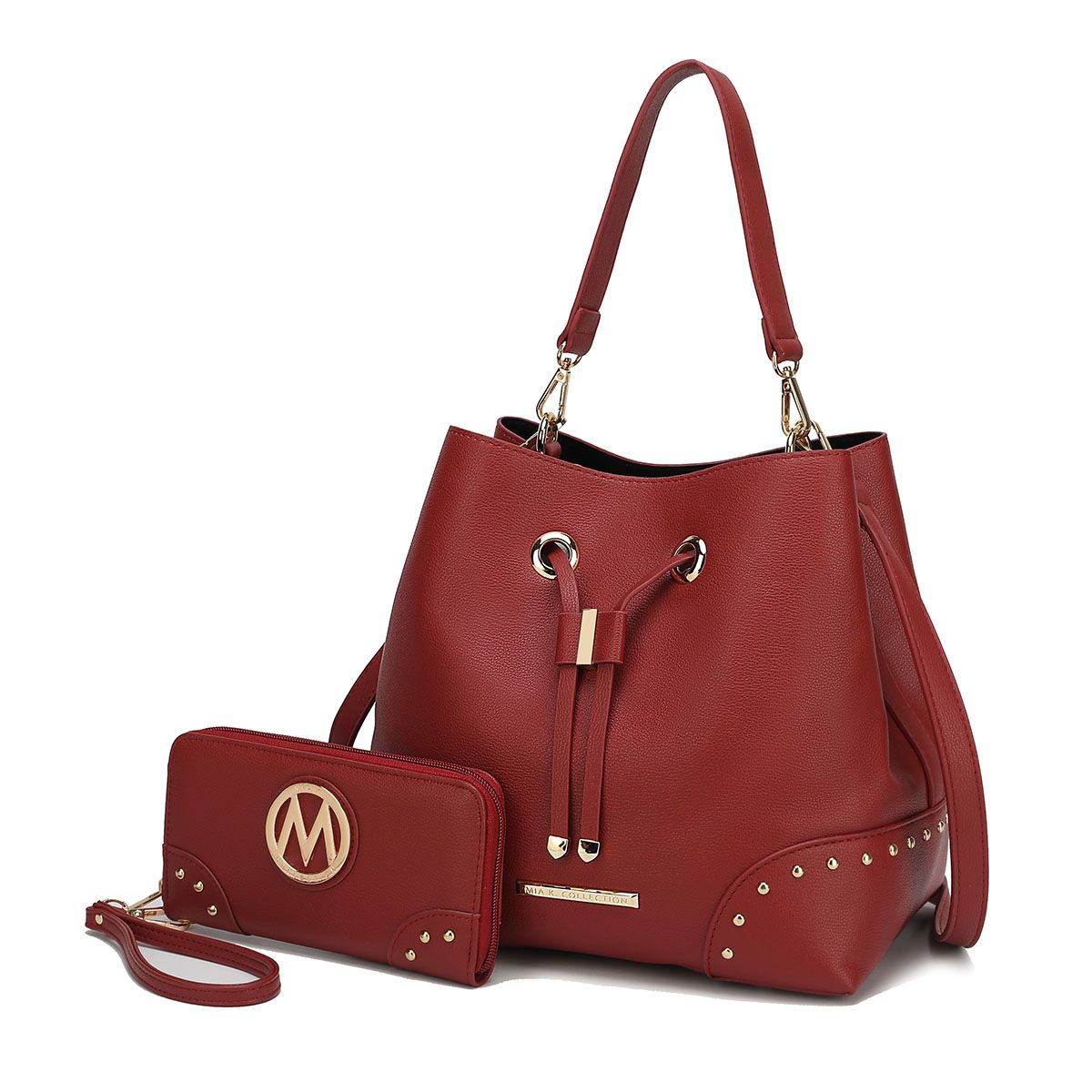 (wine)Callie Solid Bucket Bag with Matching Wallet by Mia K - BagNook