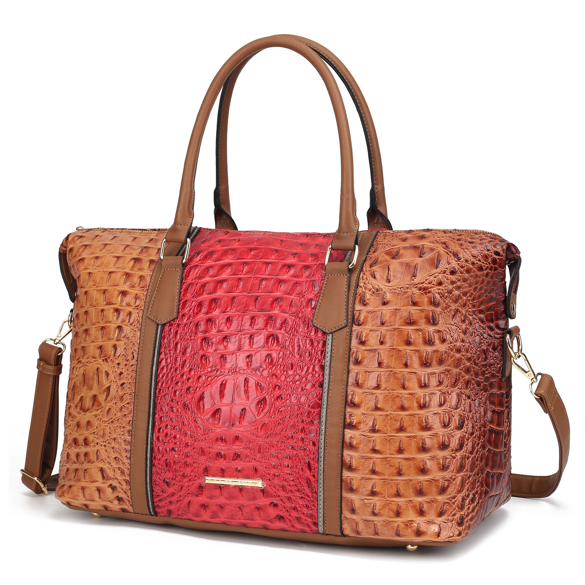 (cognac)Raven Faux Crocodile-Embossed Duffel by Mia K - BagNook