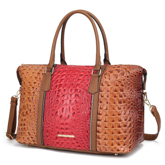 (cognac)Raven Faux Crocodile-Embossed Duffel by Mia K - BagNook
