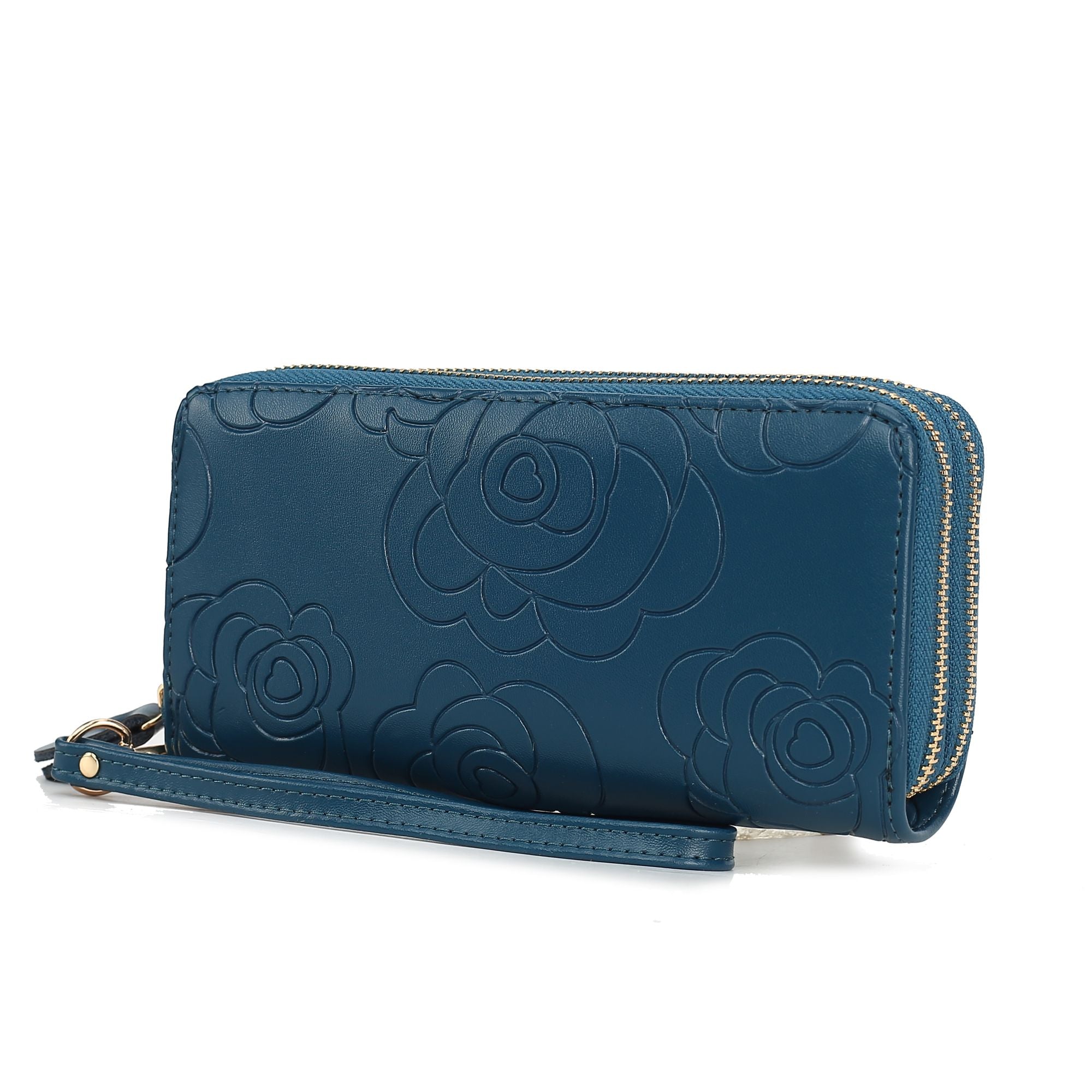 (teal)Ellie Vegan Leather Flower Embossed Wristlet by Mia K - BagNook