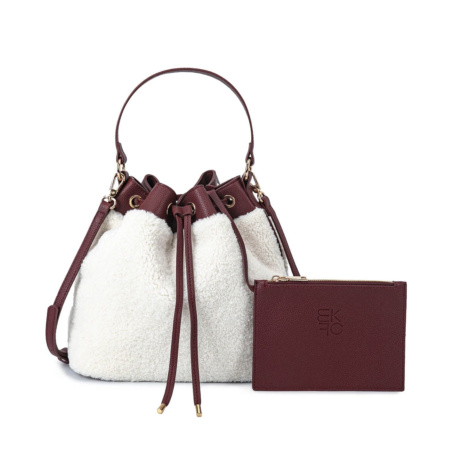 (burgundy)Saryn Bucket Hobo Faux Shearling by Mia K. - BagNook