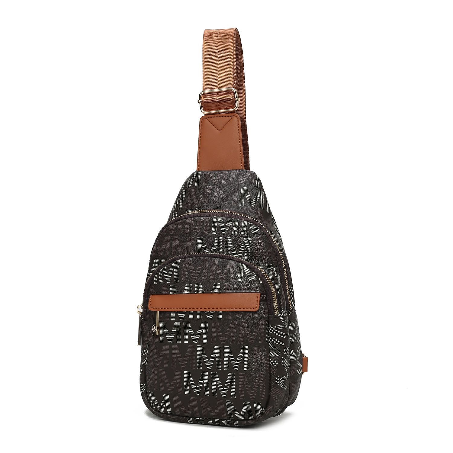 (brown)Helaena M Logo Printed Vegan Leather Sling Bag by Mia K - BagNook