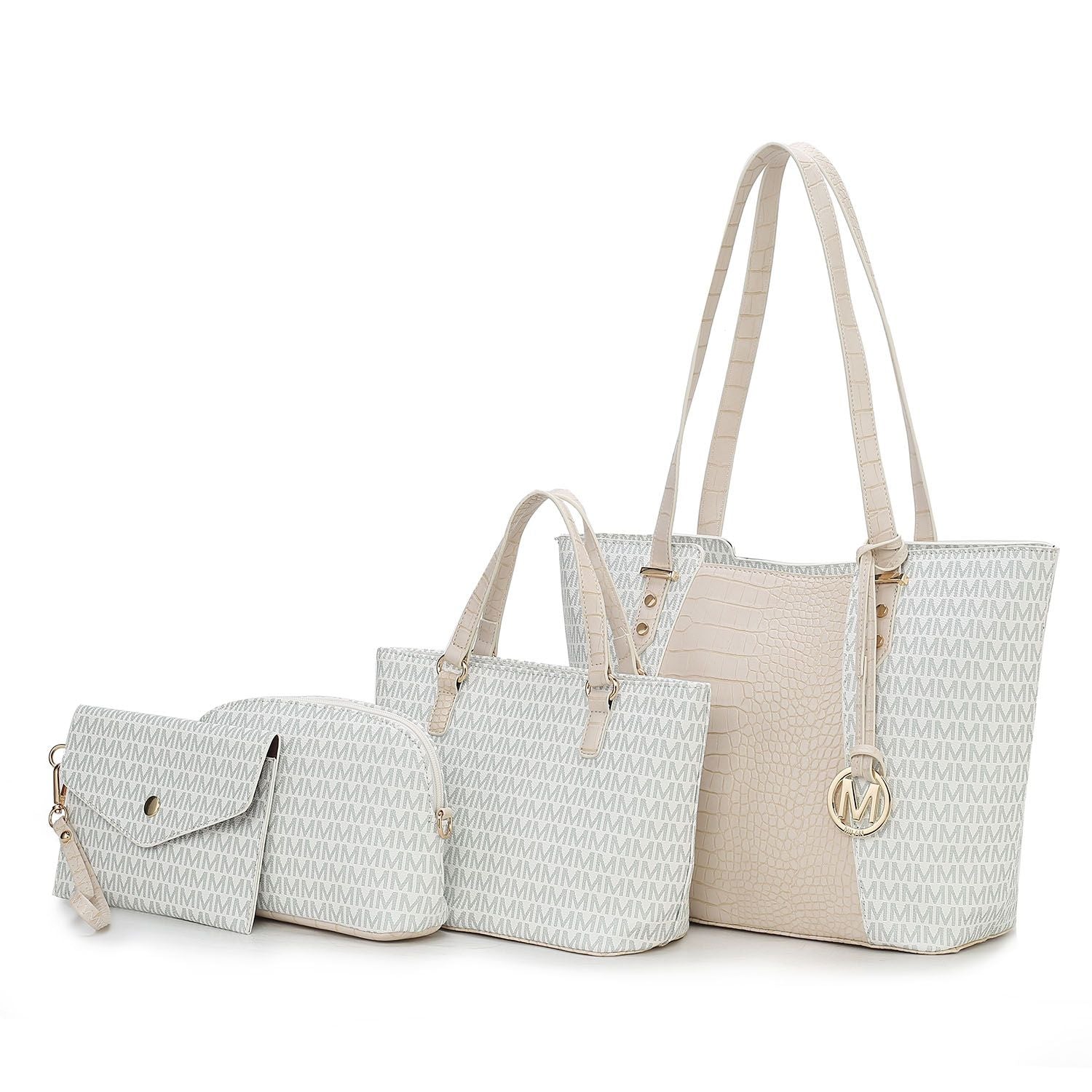(white)Lippa M Signature Crocodile Embossed Tote Set by Mia K - BagNook