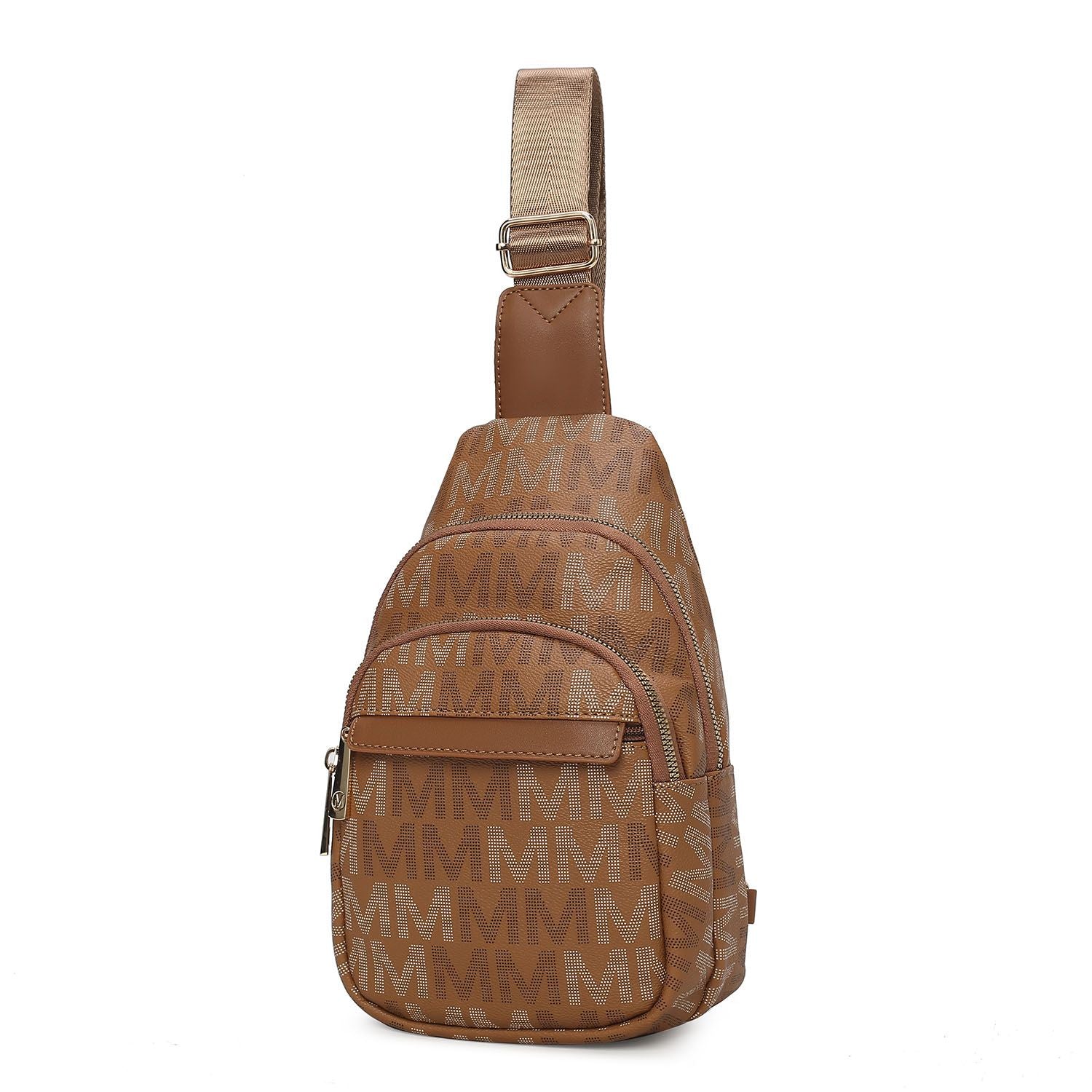 (tan)Helaena M Logo Printed Vegan Leather Sling Bag by Mia K - BagNook