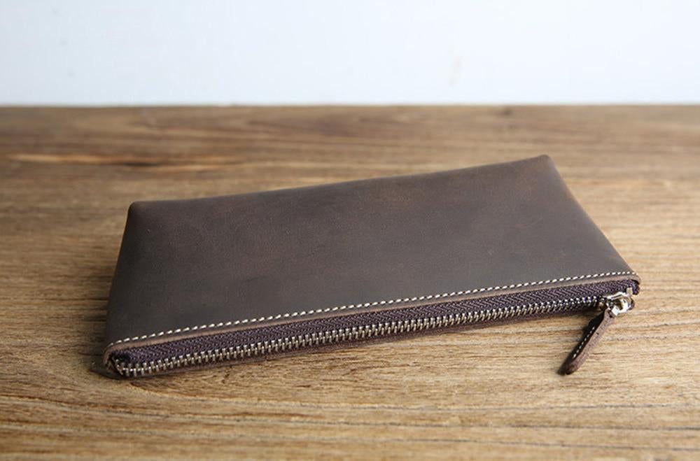 (dark brown)The Pallavi | Handmade Leather Pencil / Makeup Bag - BagNook