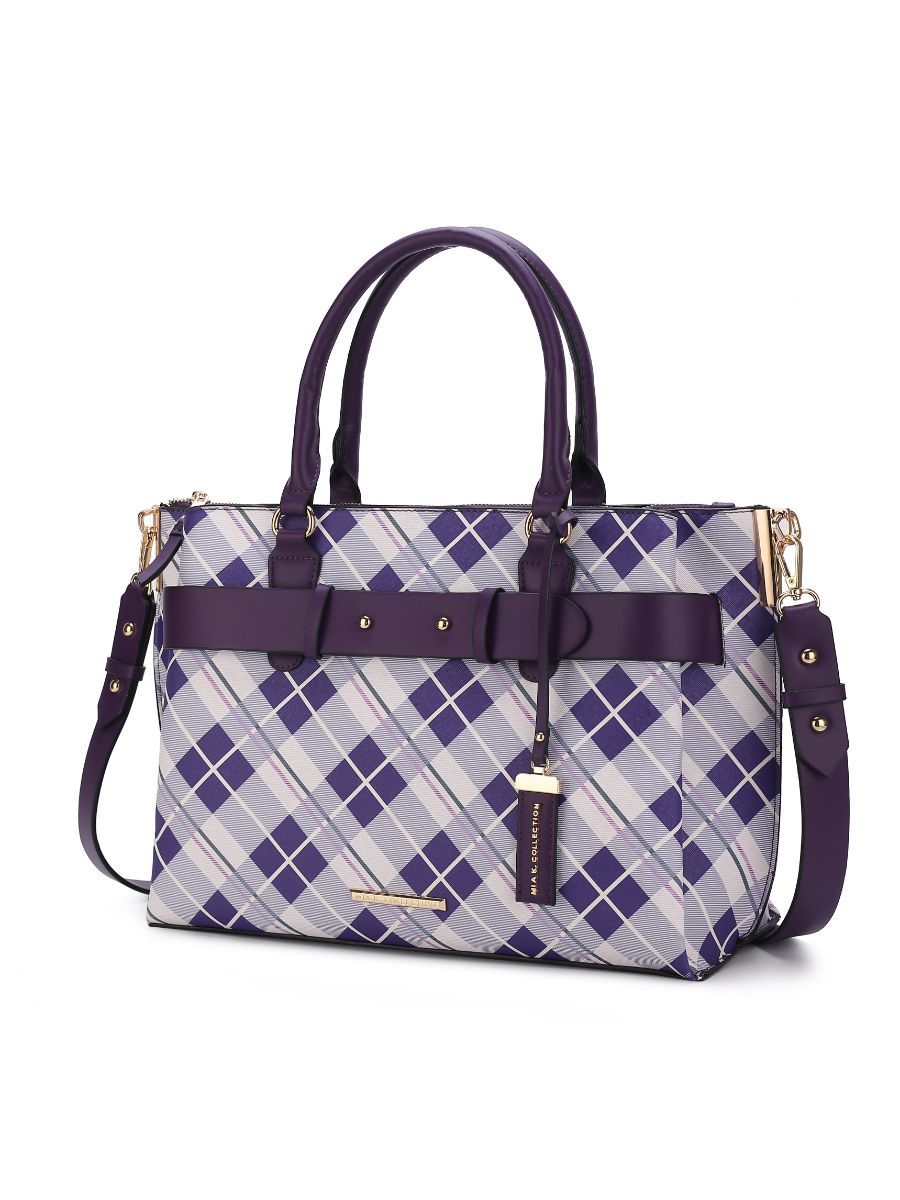 (purple)Coleen Vegan Leather Women Plaid Satchel Bag by Mia k - BagNook