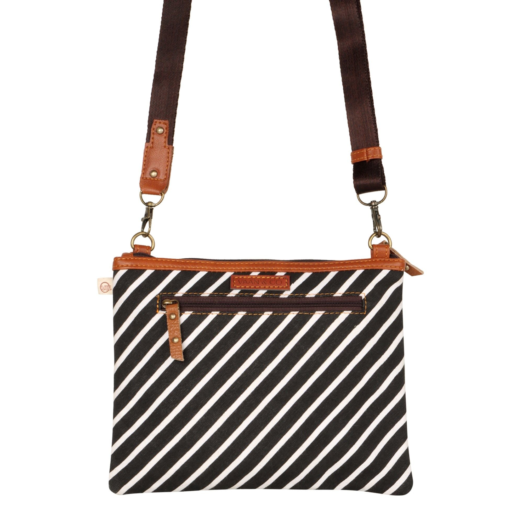 Grayson Wide Crossbody Bag w/ Pocket - Striped - Upcycled Leather - BagNook