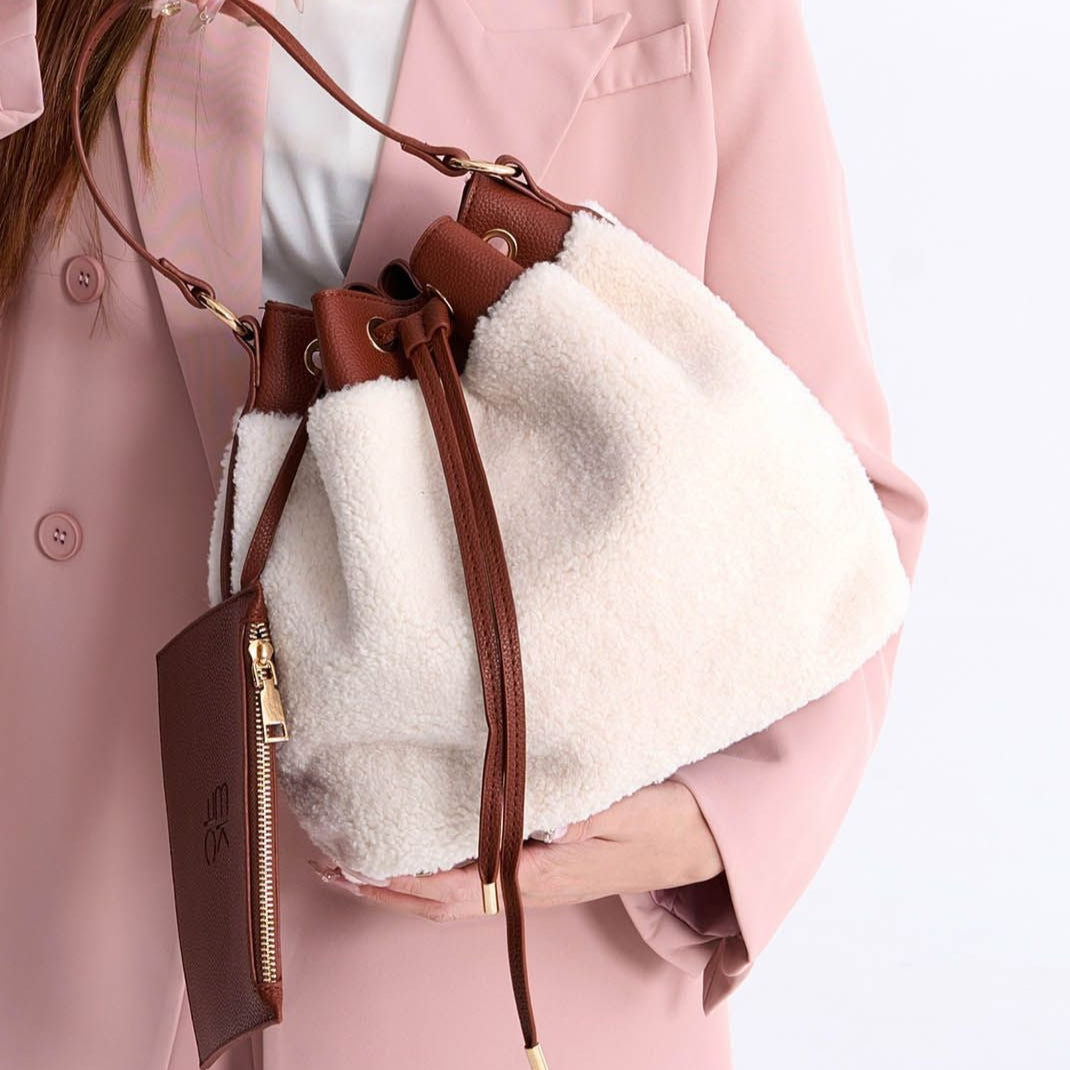 (brown)Saryn Bucket Hobo Faux Shearling by Mia K. - BagNook