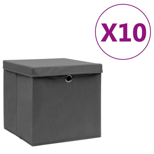 10 Foldable Storage Boxes with Covers - (11 x 11 x 11 in) - Gray - BagNook