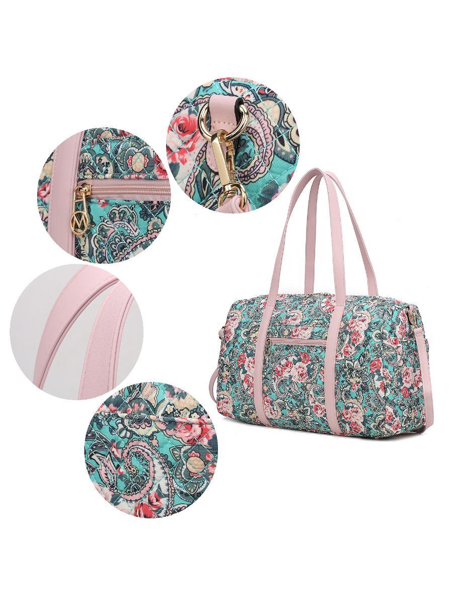 (green)Khelani Quilted Botanical Pattern Duffel Bag by Mia k - BagNook