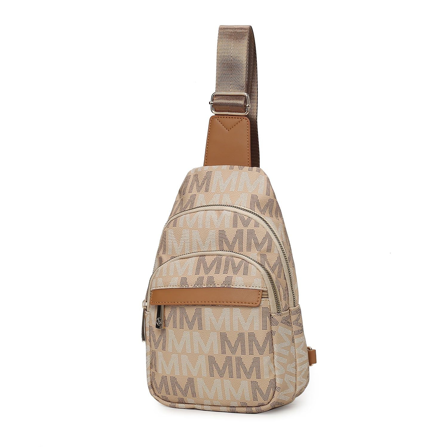 (beige)Helaena M Logo Printed Vegan Leather Sling Bag by Mia K - BagNook