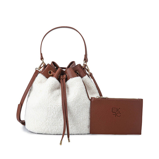 (brown)Saryn Bucket Hobo Faux Shearling by Mia K. - BagNook