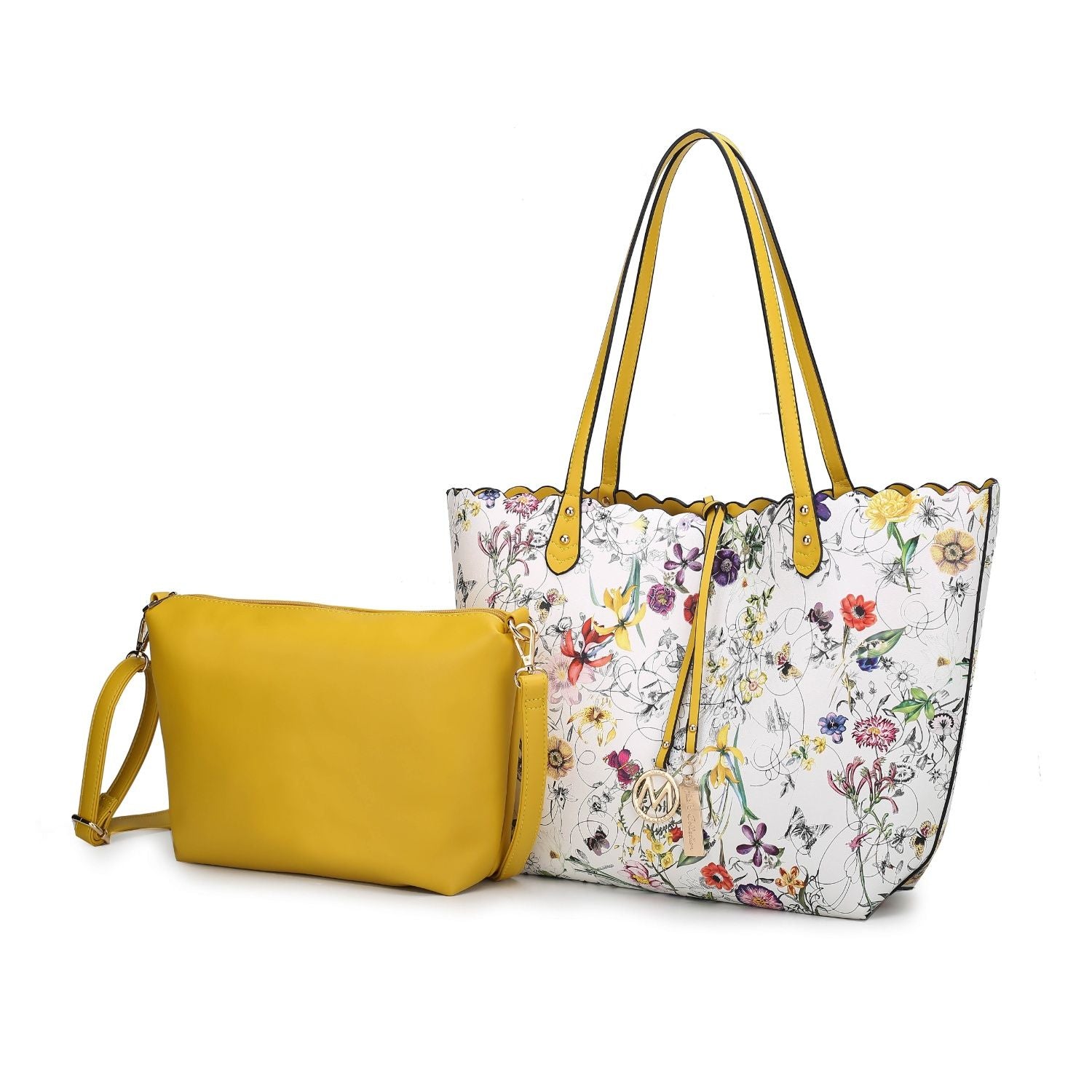 (white yellow) reversible shopping tote with crossbody pouch- bagNook