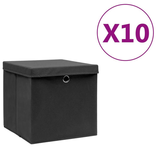 10 Foldable Storage Boxes with Covers (11 x 11 x 11) - Black - BagNook