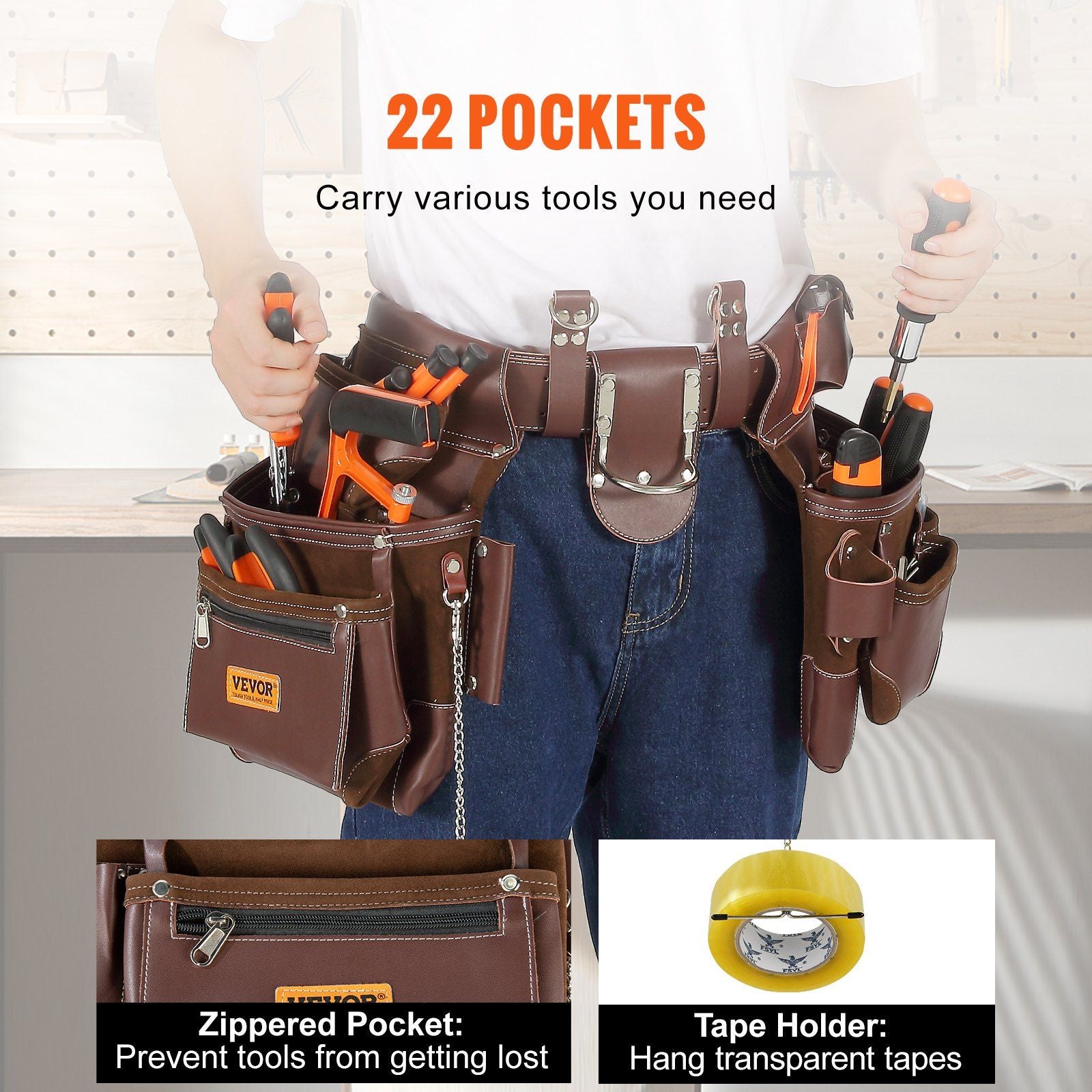 Adjustable Tool Belt, Brown - Cushioned for Comfort & Easily Customizable - BagNook
