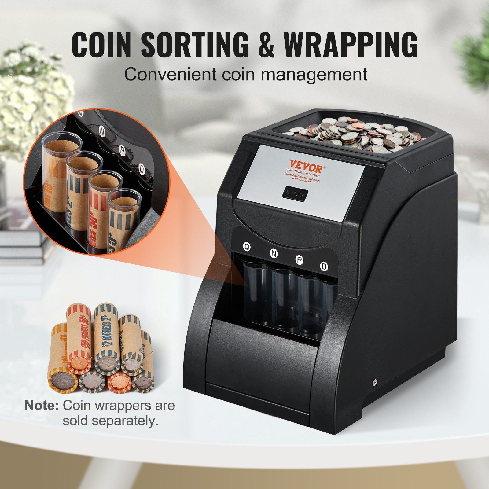 VEVOR USD Coin Sorter & Wrapper - 5¢ 10¢ 25¢, Sorts up to 230 Coins/min - BagNook