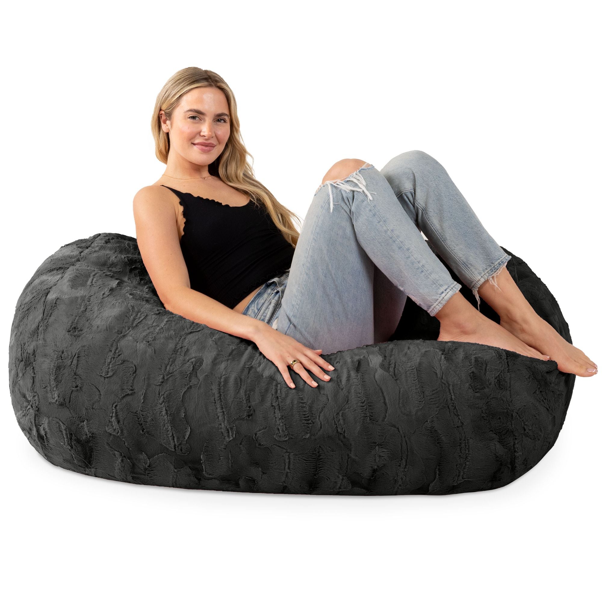 Jaxx Saxx 4 ft Sofa Bean Bag Couch - Faux Fur - Black - BagNook