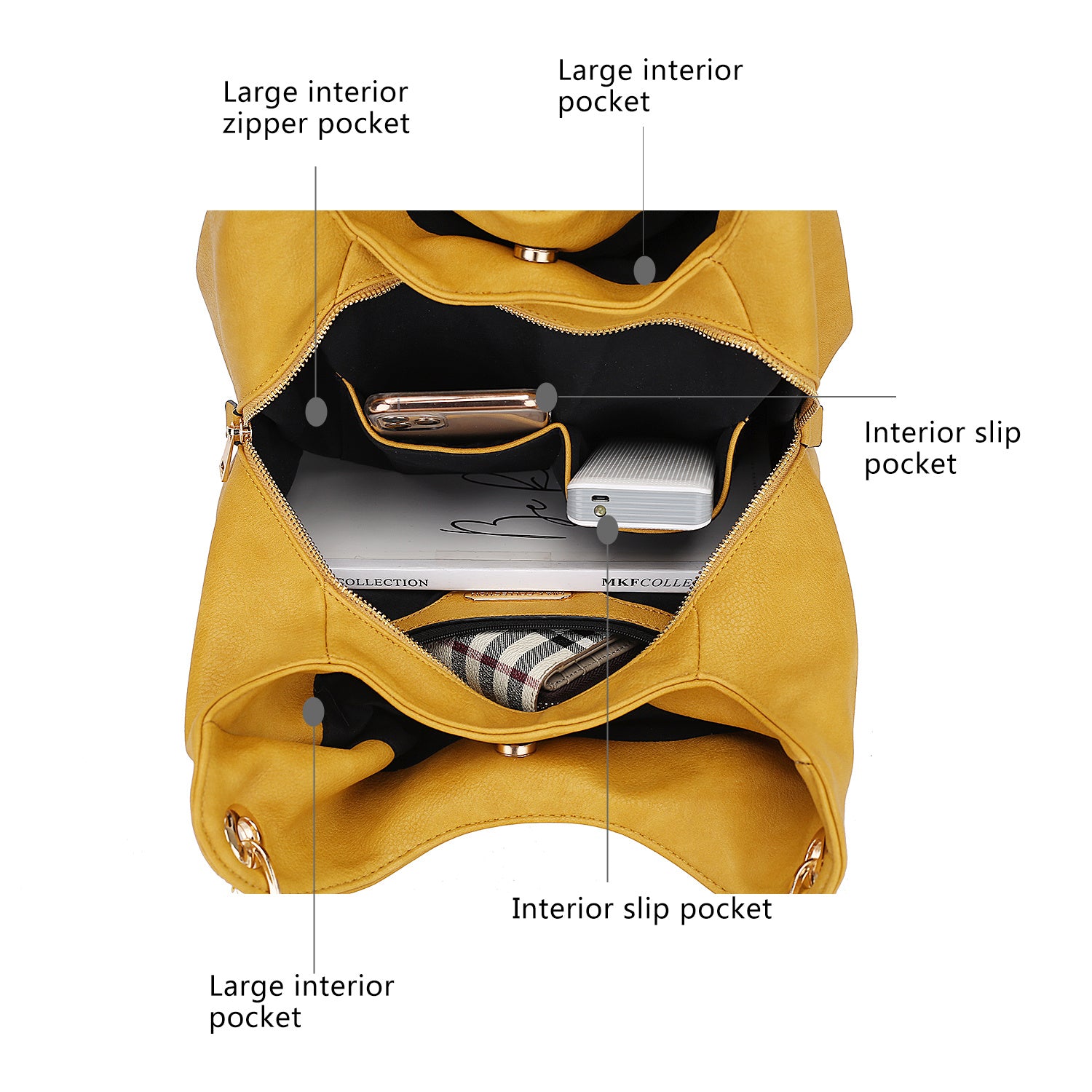 (mustard yellow)Ashley Vegan Leather Hobo Bag with Wallet - 2 pieces by Mia k - BagNook