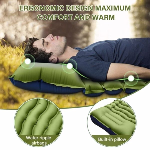 (green) Green inflatable camping mattress with a foot pump on a white background - bagNook
